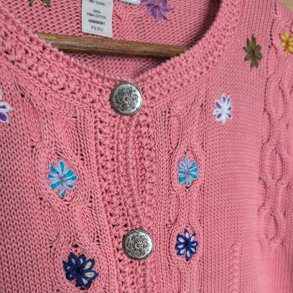 Vintage Caamano Pink Handknit Pima Cotton Floral Garden Cardigan Large - Picture 2 of 10